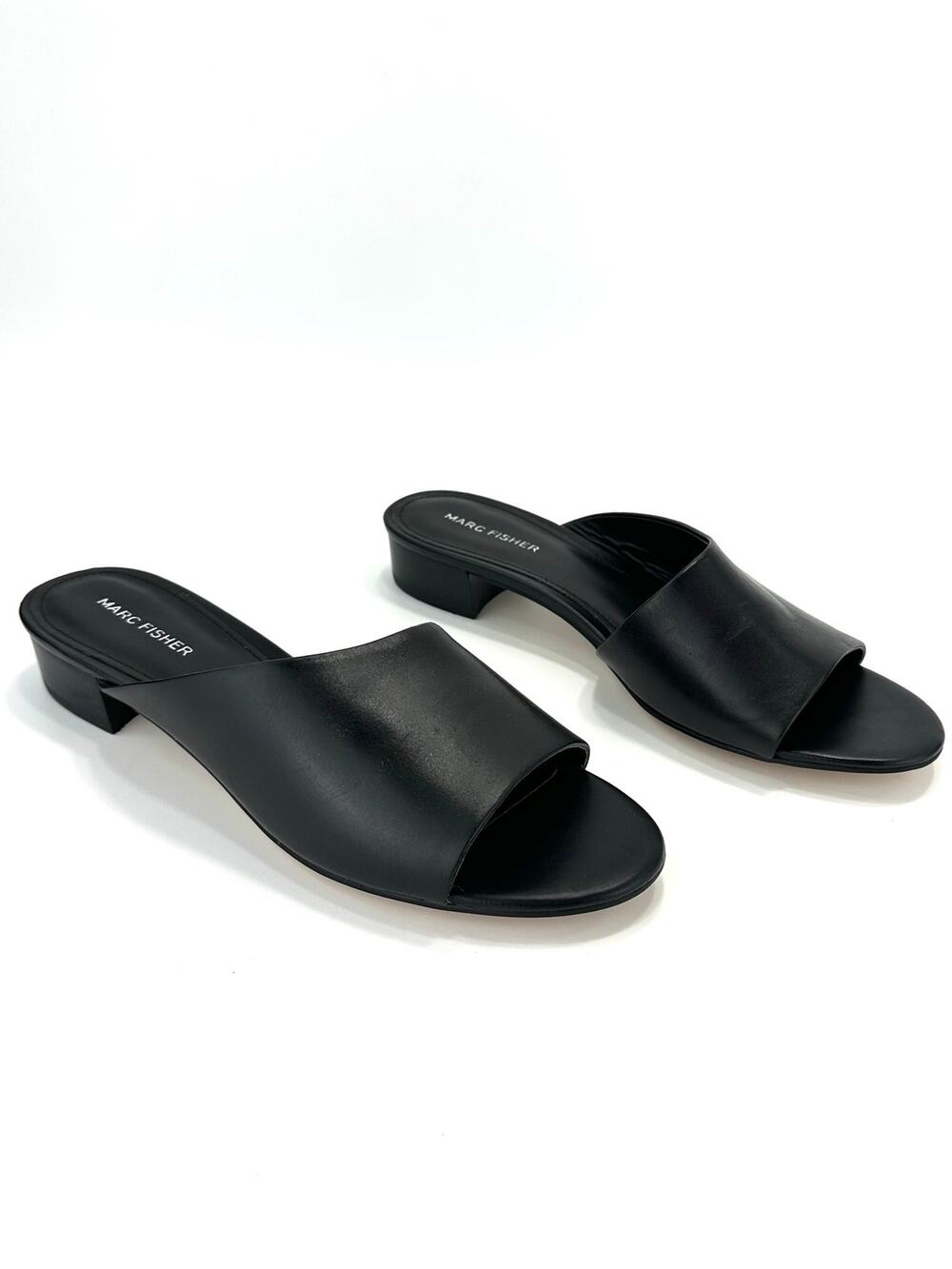 Marc Fisher Oditi Low Block Heel Sandal Size 10 Black Leather Slide Asymmetrical